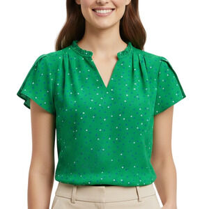 41 Hawthorn Tiffiny Tulip Sleeve Blouse V-Neck Green Polka Dot NWOT XS Petite